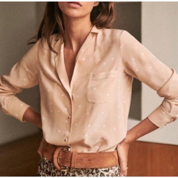 NWT Sezane silk Florence Shirt Pea Powder pink button down polka dotsSZ6bust38